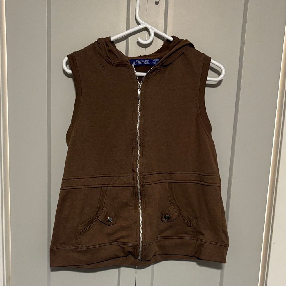 Brown Sleeveless Zip-Up Vest/Hoodie